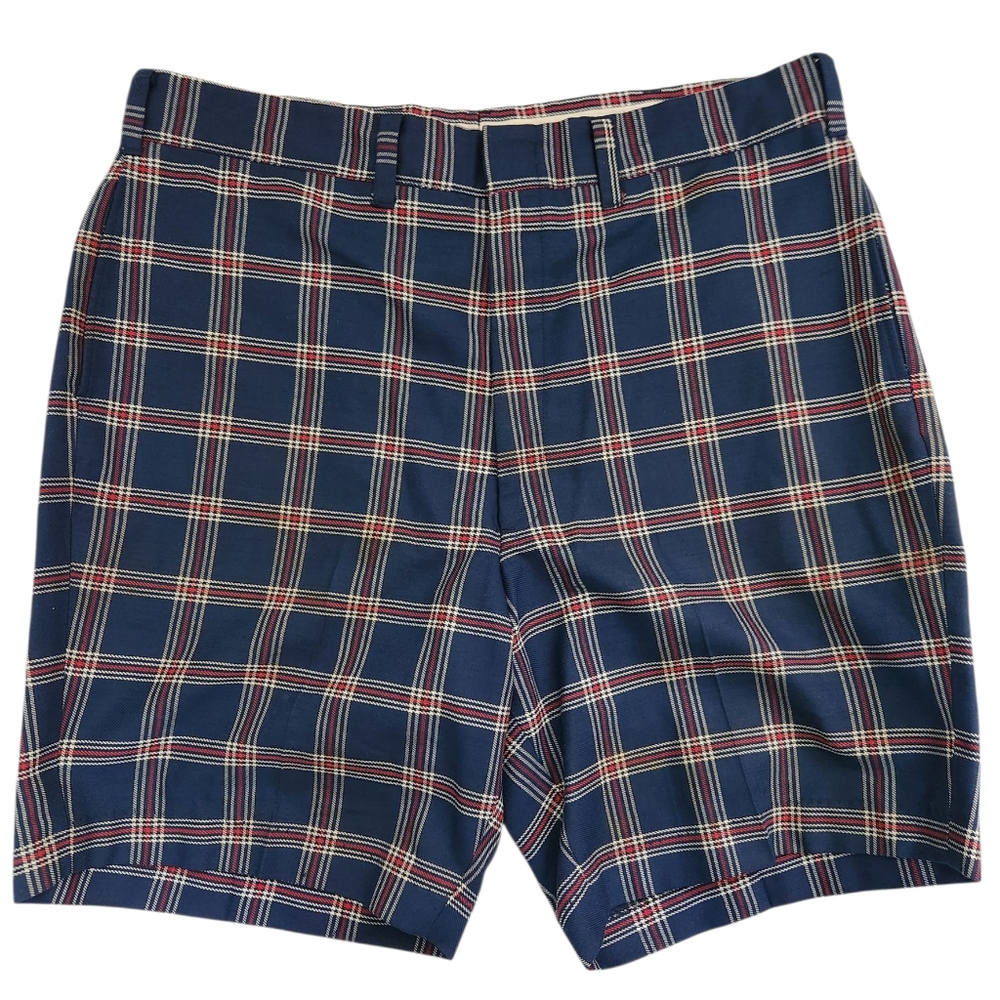 Vintage 70s Plaid Shorts Harris‎ Slacks Blue Red White Waist 36" x Inseam 8"